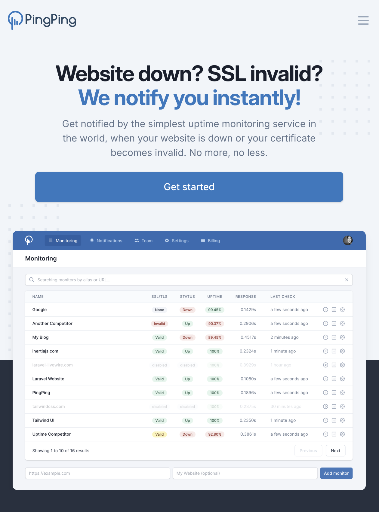 Screenshot van PingPing.io Uptime Monitoring website