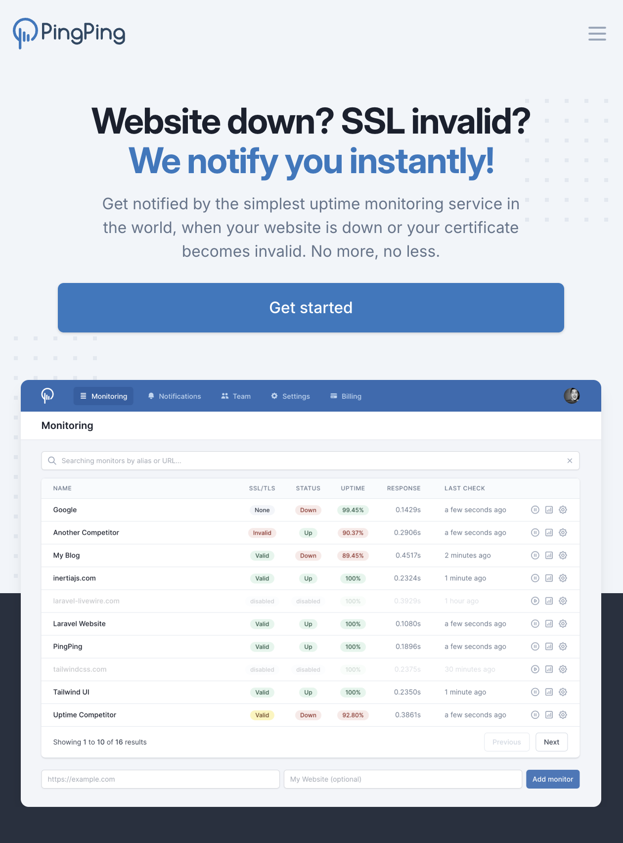 Screenshot of PingPing.io Uptime Monitoring website